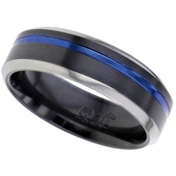 Satin flat black top profile Black Zirconium ring with an off-centre electro-anodised groove and chamfered natural edges.