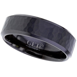 Flat, chamfered profile Black Zirconium ring with hammered texture.