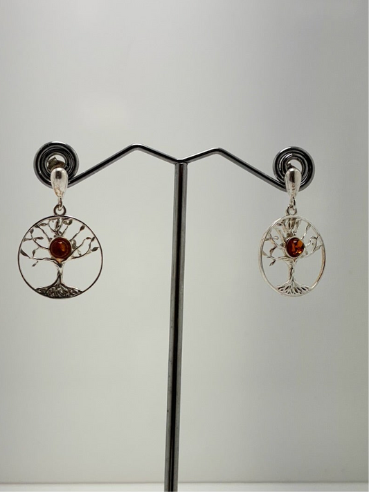 Sterling Silver Tree Of Life Amber Earrings