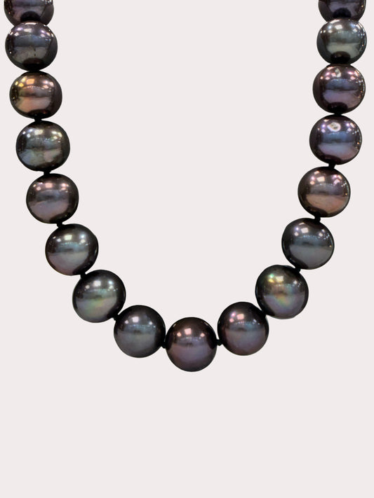 14ct White Gold Diamond Set 10mm Peacock Grey Pearl Necklace
