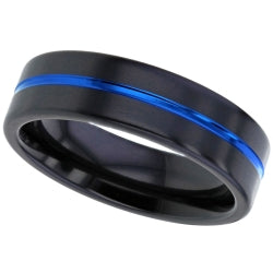 Flat Black Zirconium ring with electro anodised blue groove.