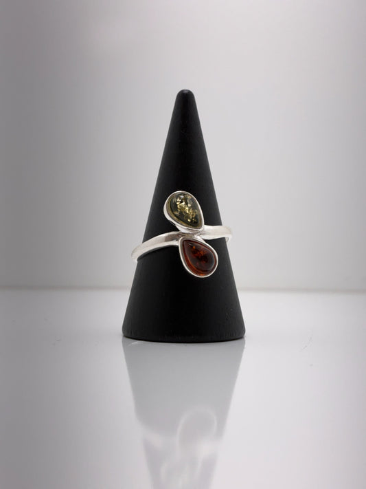 Sterling Silver Two Stone Amber Ring