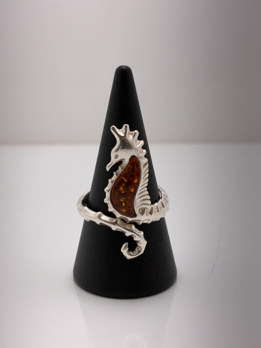 Sterling Silver Amber Seahorse Ring