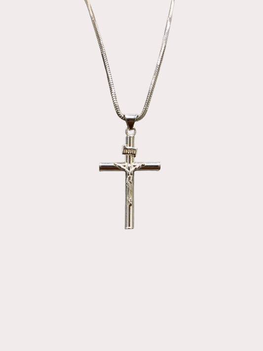 Sterling Silver 37mm Crucifix Pendant and Snake Chain