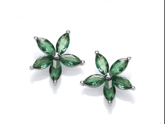 Sterling Silver Emerald CZ Star Flower Earrings