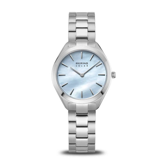 Bering Time Ladies SOLAR 31mm MOP Blue Face Stainless Steel Watch