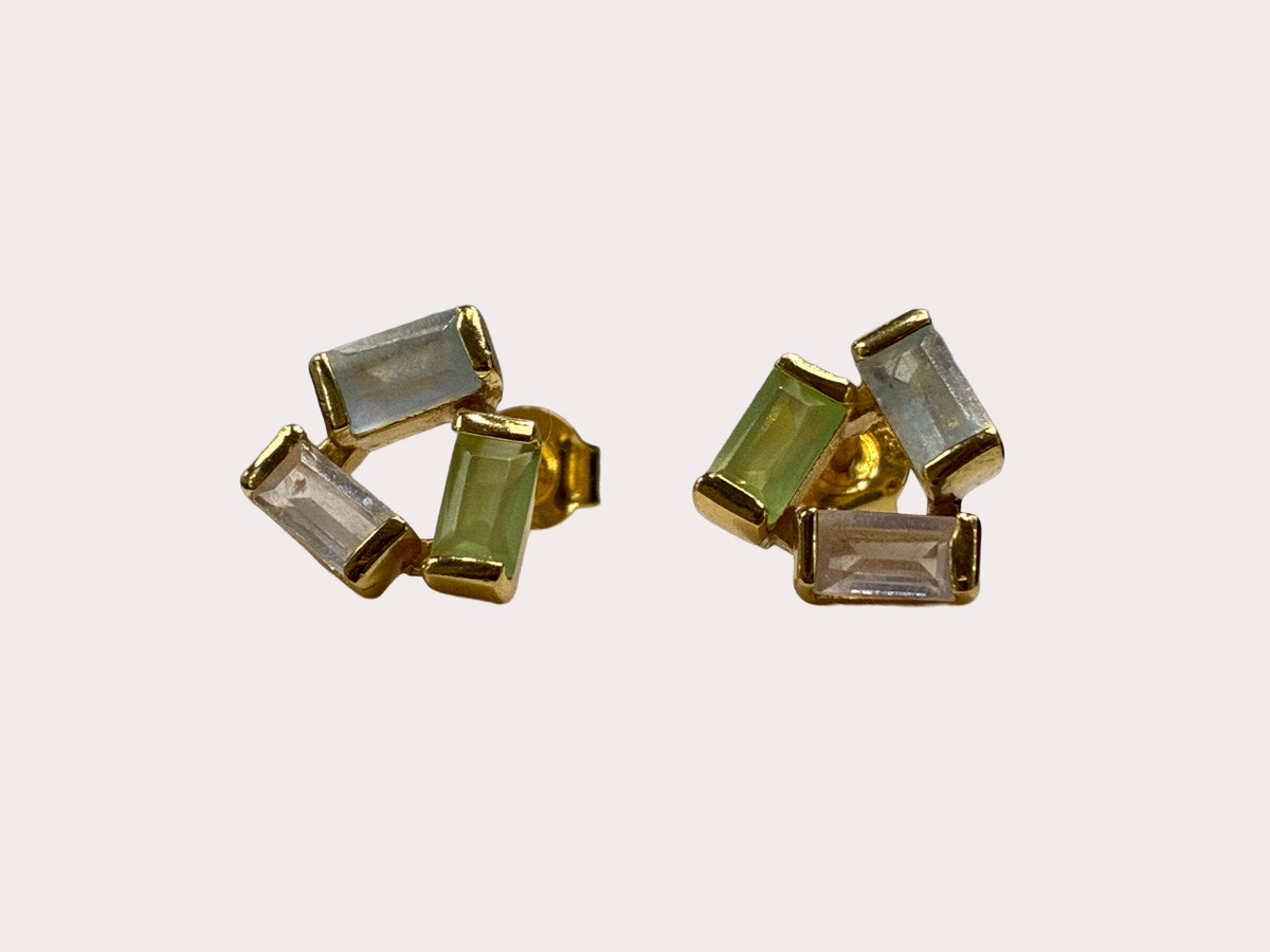 Sterling Silver Gold Plated Jade, Quartz and Prehnite Studs