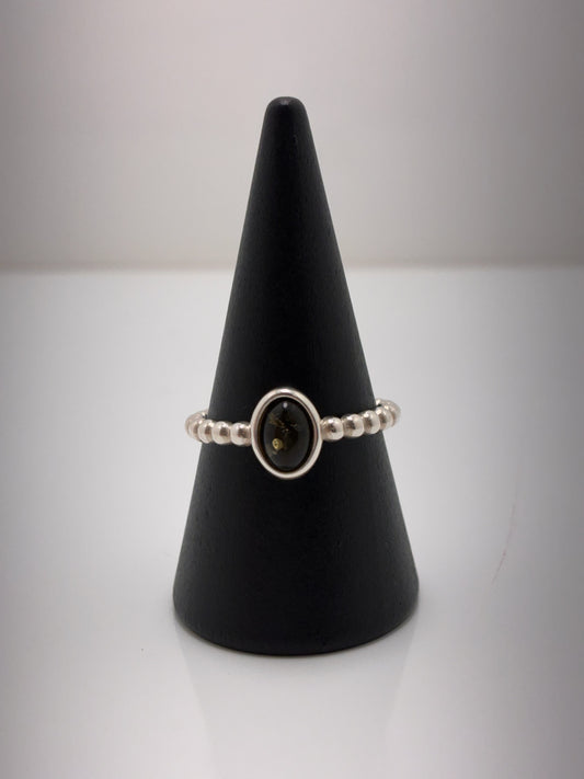 Sterling Silver Oval Green Amber Bead Ring