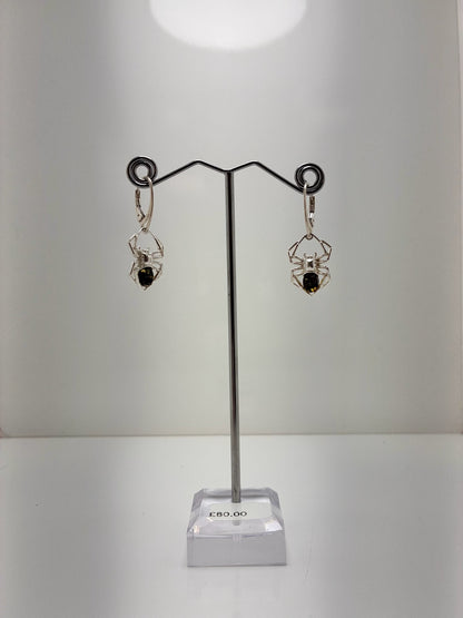 Sterling Silver Amber Spider Drop Earrings