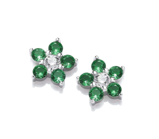 Sterling Silver Emerald CZ Flower Bloom Earrings