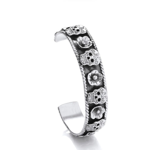 Sterling Silver Skull & Flowers Cuff Bangle