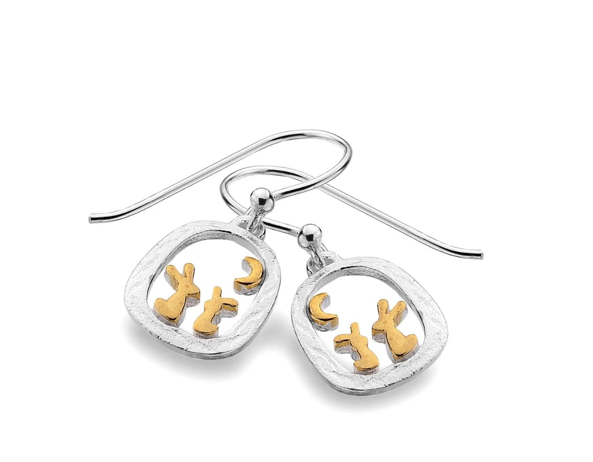 Origins Sterling Silver Gold Plated Rabbits In Frame Drop Earrings