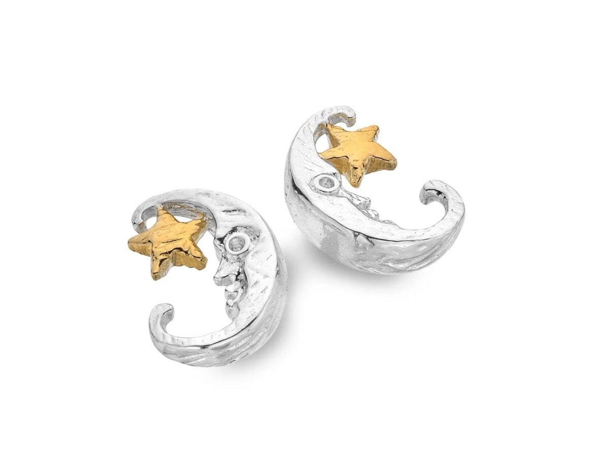 Origins Silver Moon Face & Gold Plated Star Stud Earrings