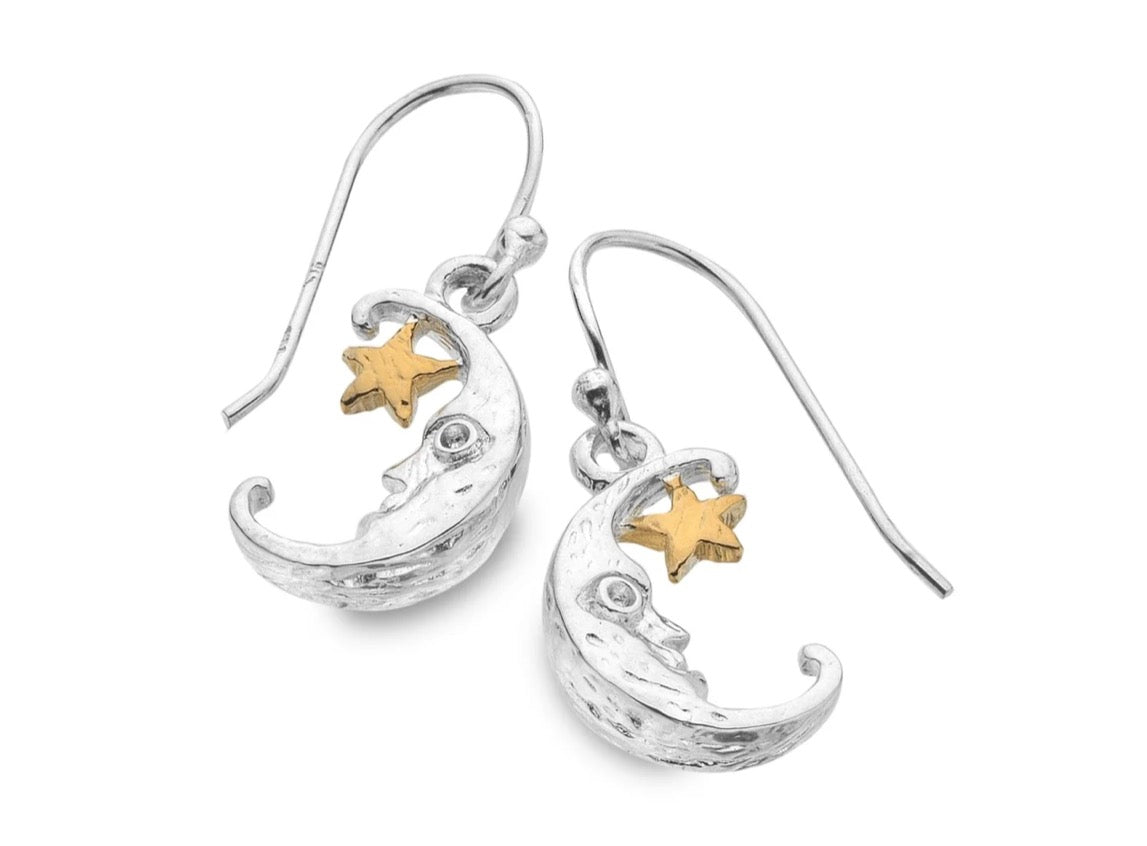 Origins Silver Moon Face & Gold Plated Star Drop Earrings