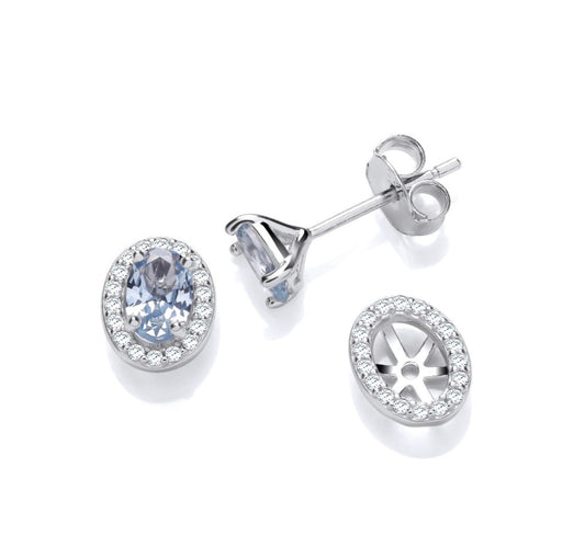Sterling Silver Aqua CZ With Oval Halo Jacket Earrings