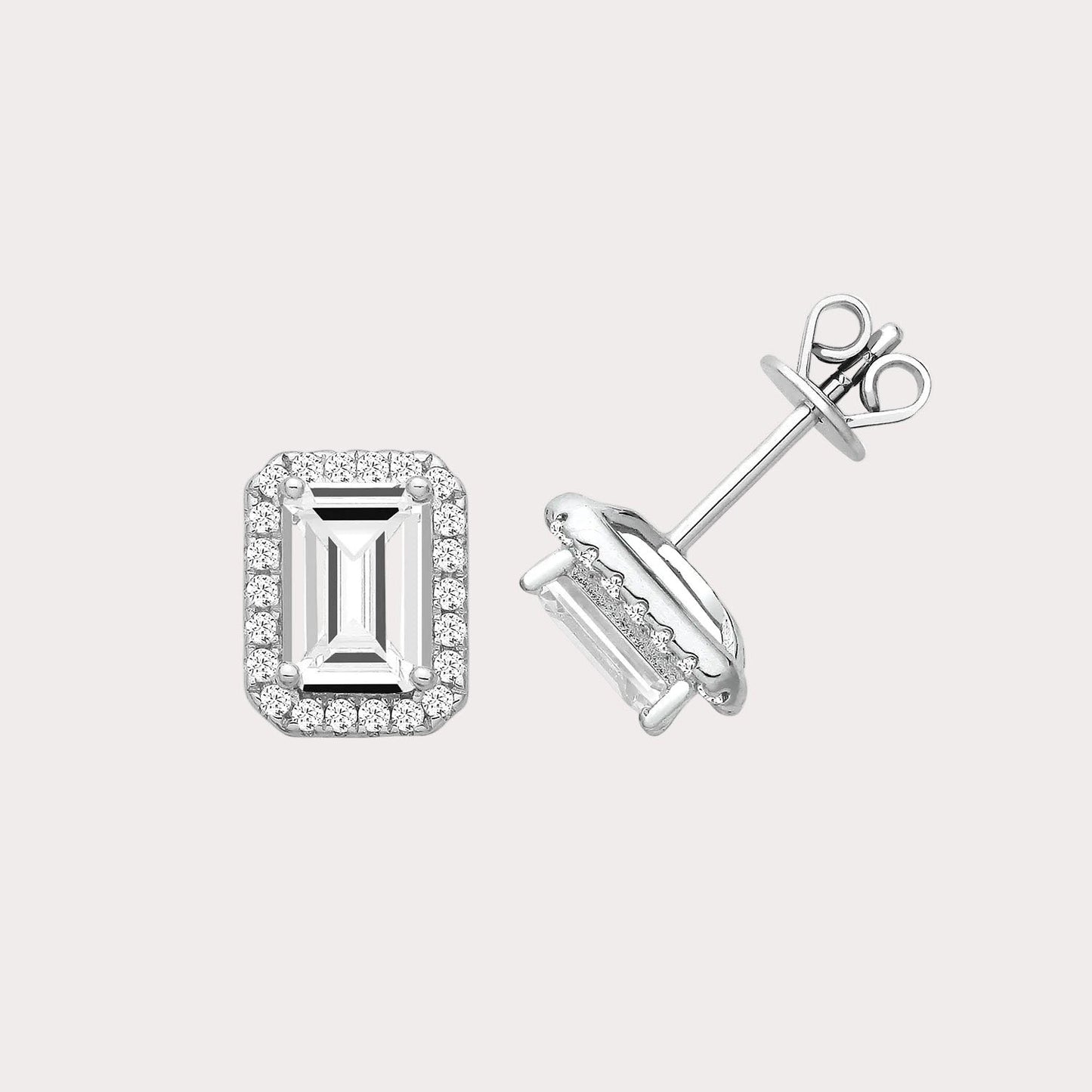 Sterling Silver Emerald Cut Halo CZ Stud Earrings