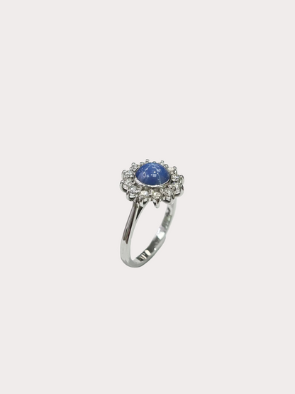 18ct White Gold Star Sapphire And Diamond Halo Ring