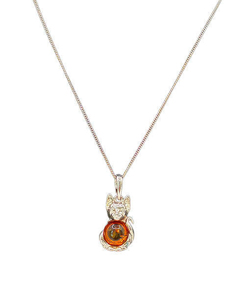 Sterling Silver Amber Cat with Bow Tie Pendant