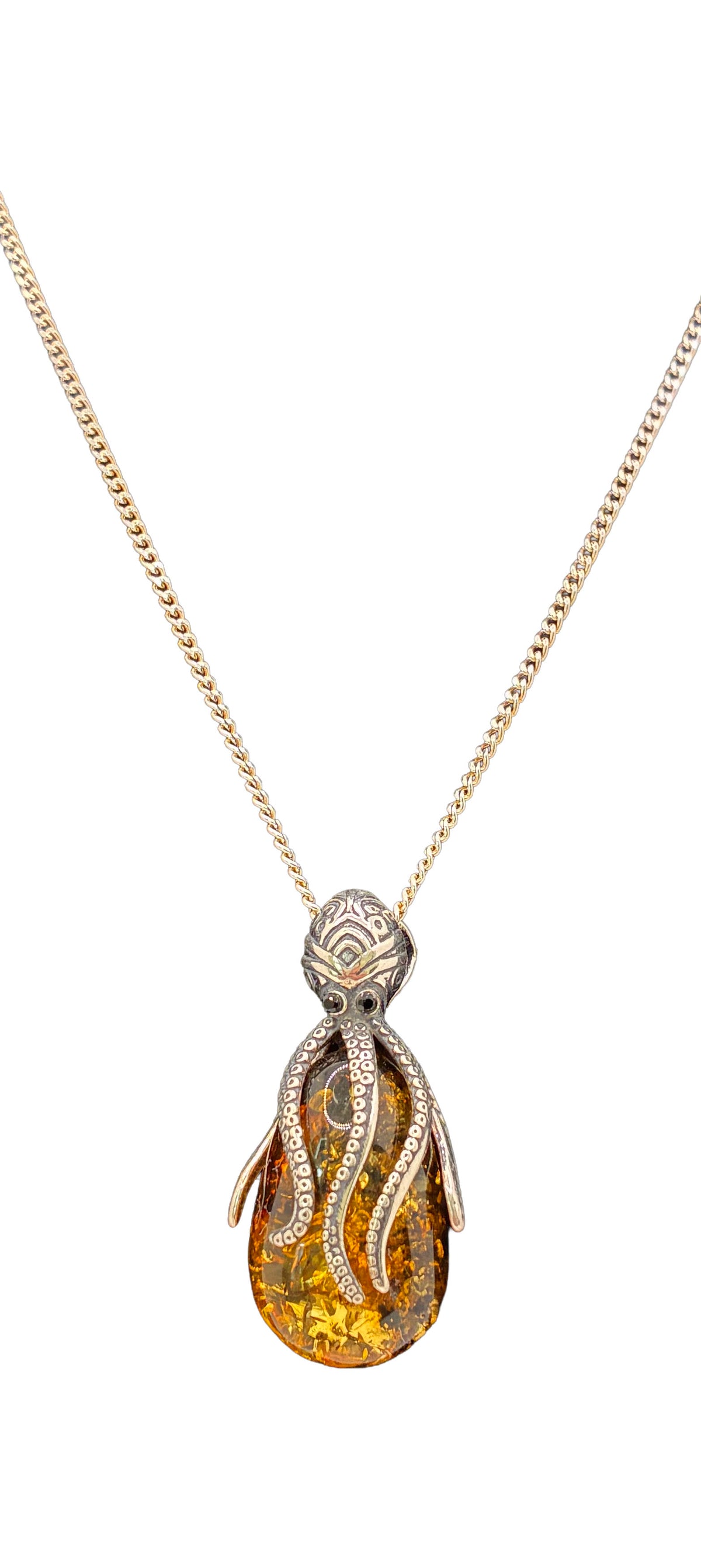 Sterling Silver Large Amber Octopus Pendant