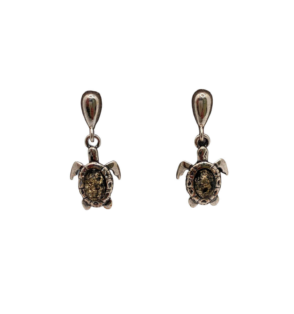 Sterling Silver Turtle Drop Amber Earrings