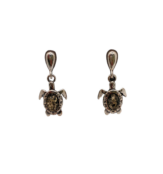 Sterling Silver Turtle Drop Amber Earrings