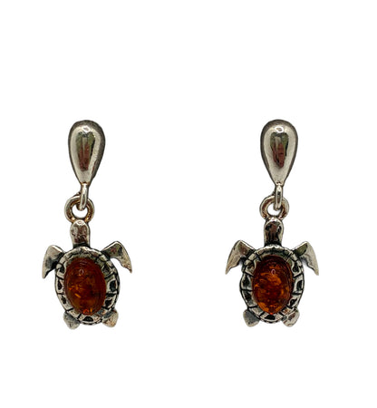 Sterling Silver Turtle Drop Amber Earrings