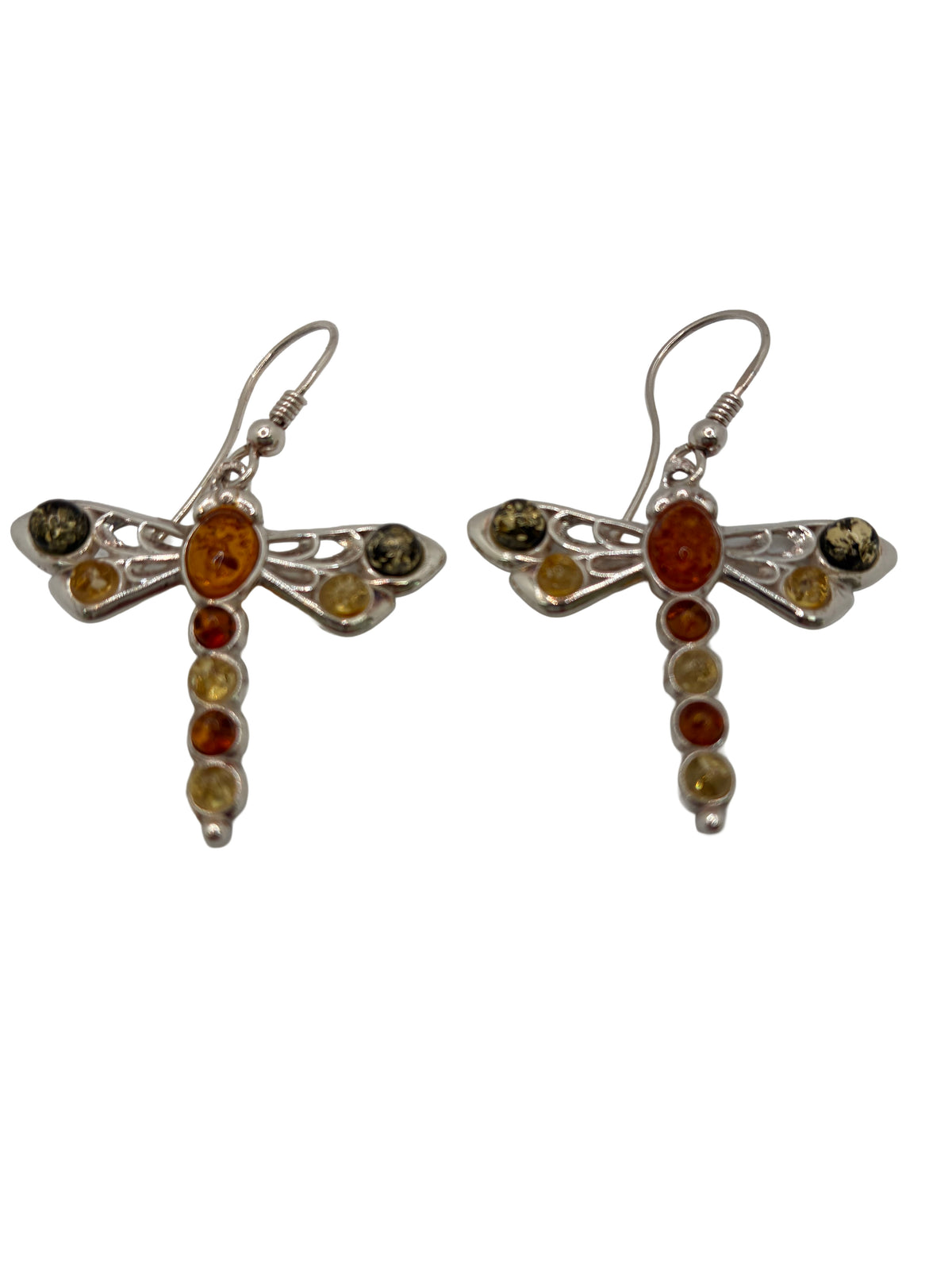 Sterling Silver Amber Dragonfly Hook Earrings