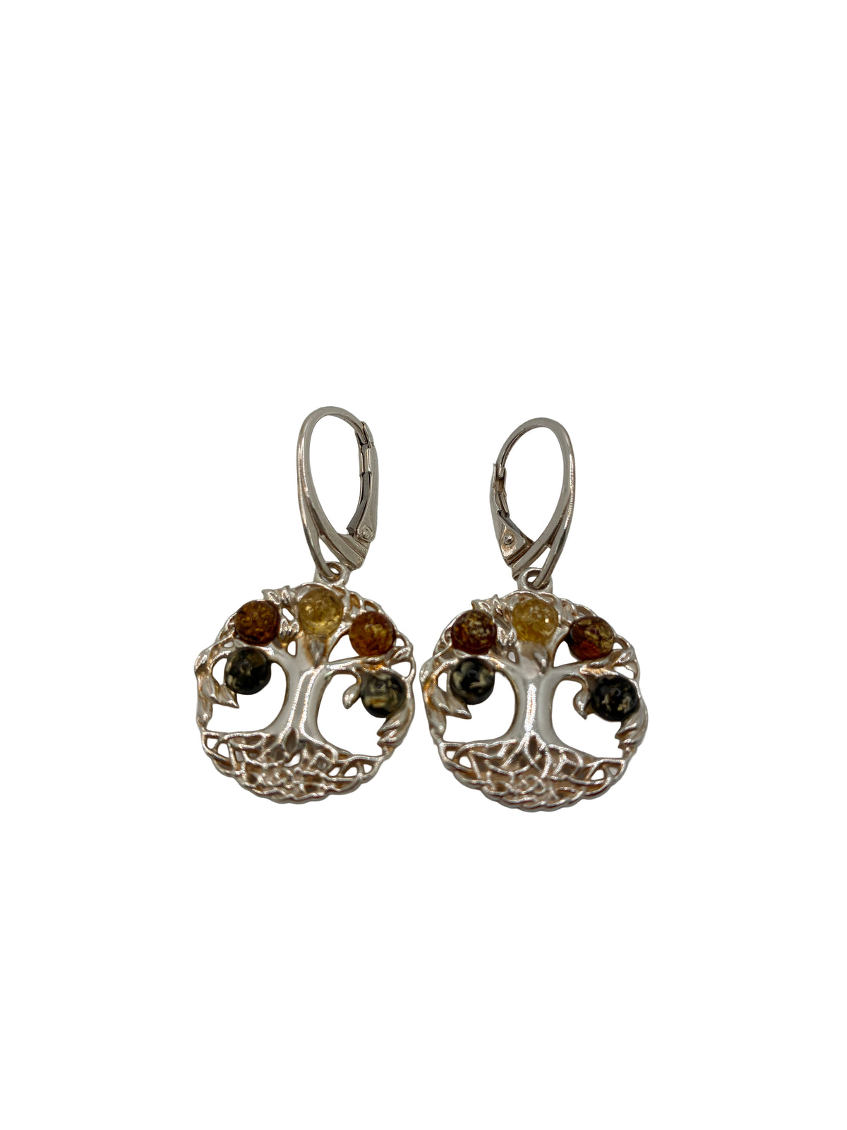 Sterling Silver Amber 5 Stone Tree of Life Earrings