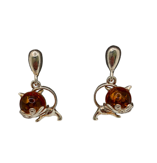 Sterling Silver Small Cat Amber Earrings