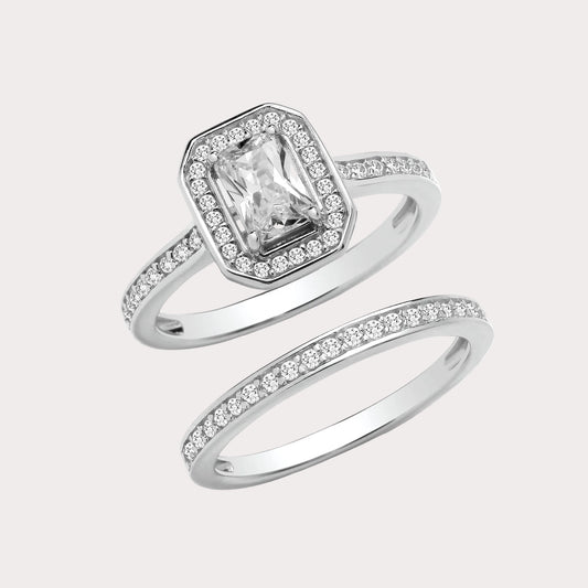 Sterling Silver Emerald Cut Halo Bridal Set
