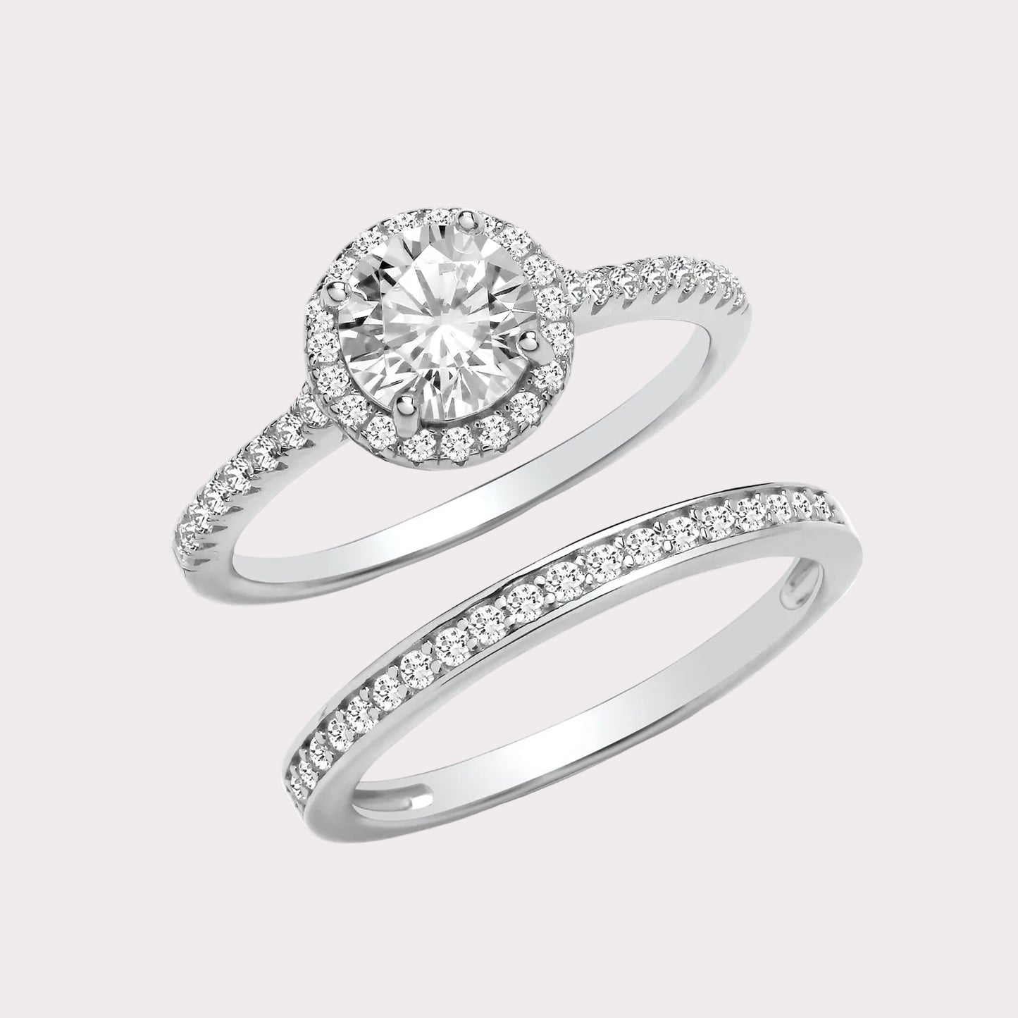 Sterling Silver Round Halo Bridal Set