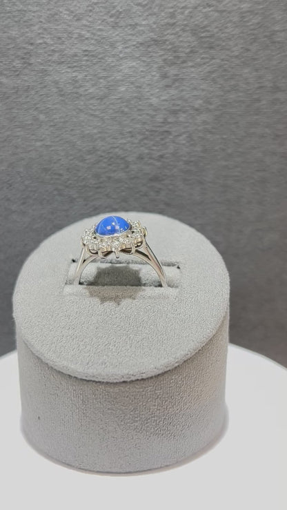 18ct White Gold Star Sapphire And Diamond Halo Ring